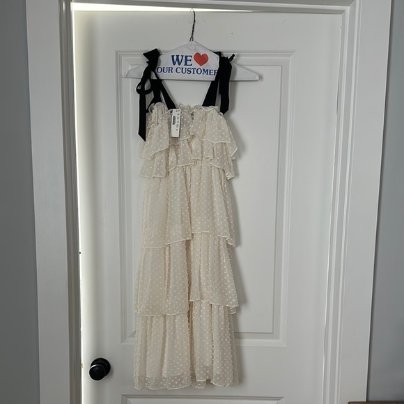 J. Crew Cream Tiered Ruffled Swiss Dot Midi Dress with Black Grosgrain, Size 000 - Picture 4 of 8